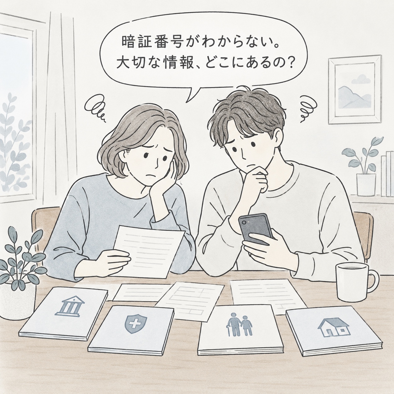 暗証番号や大切な情報の保管場所が分からず困っている場面